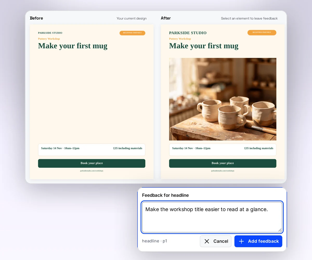Before and After views of an AI draft with feedback for the headline