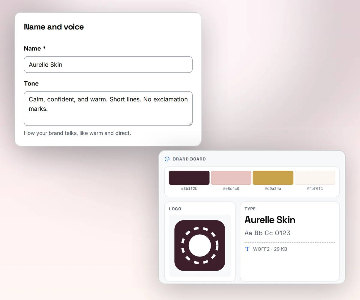 One brand kit with its colour swatches, logo, font, and a sample letter in that brand, beside its name and tone card