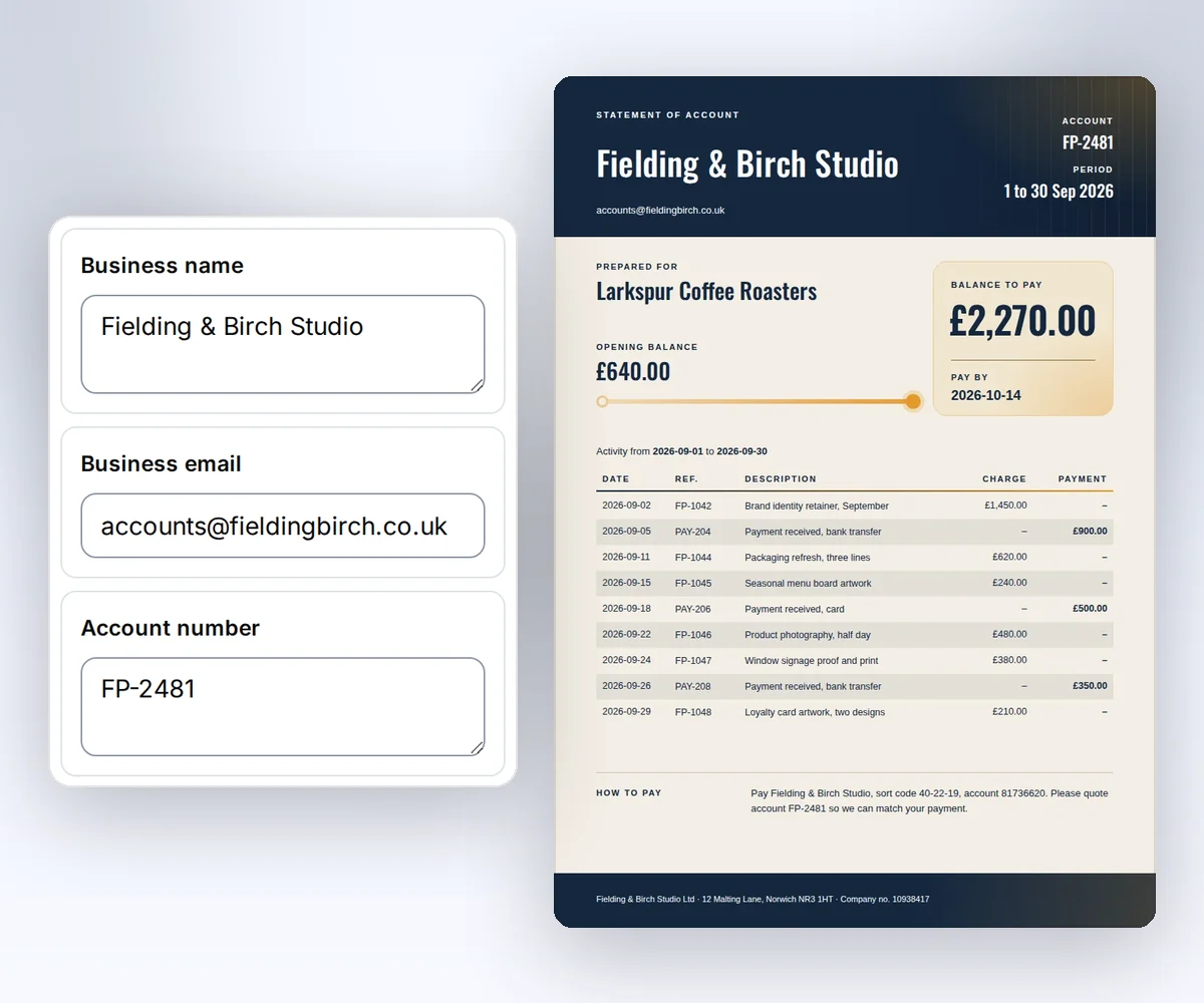 The thirds.ai editor with boxes for the business name, email, and statement period beside the finished account statement