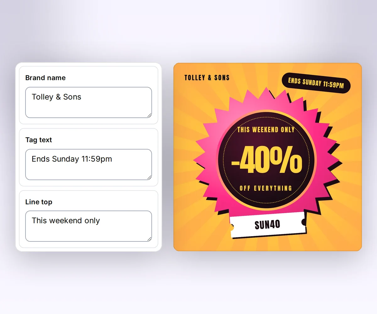 The thirds.ai editor's boxes for a brand, a top line, and a discount beside the finished Marigold & Sons 40% off sale ad