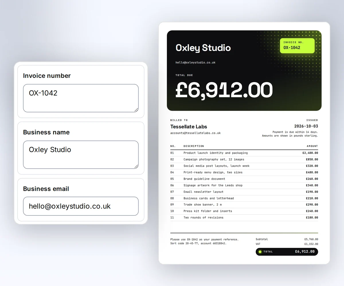 The thirds.ai editor with boxes for the business name, the email, and the invoice number beside the finished Northline Studio invoice