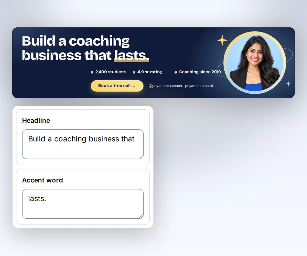 The thirds.ai editor with boxes for the headline, stats, handle, and button beside the finished navy Business coach banner