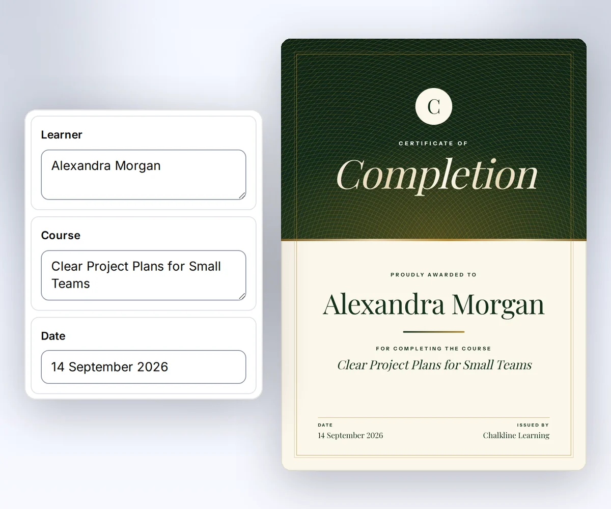 The thirds.ai editor with boxes for the learner, the course, and the issuer beside the finished Fieldnote Learning course certificate