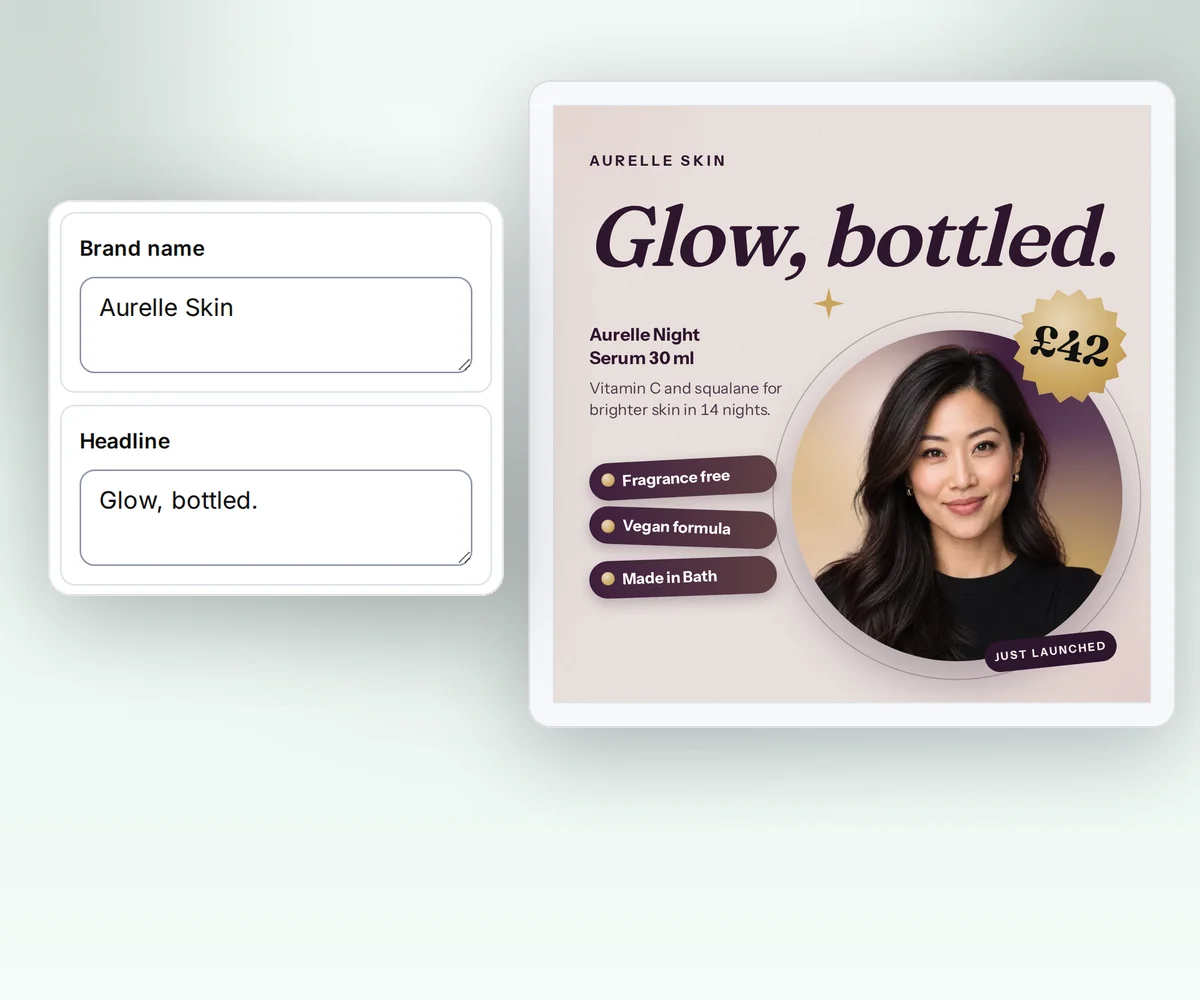 The fields panel with the brand name and headline, beside the ad that shows them