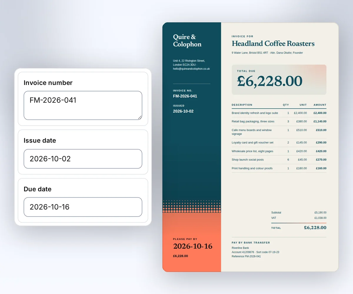 The thirds.ai editor with boxes for the invoice number, the issue date, and the due date beside the finished Quire & Colophon invoice for Headland Coffee Roasters