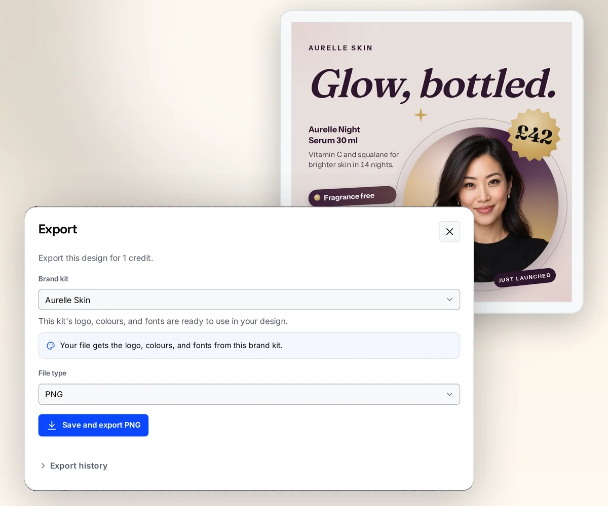 The export dialog over a finished launch post, ready to save a PNG