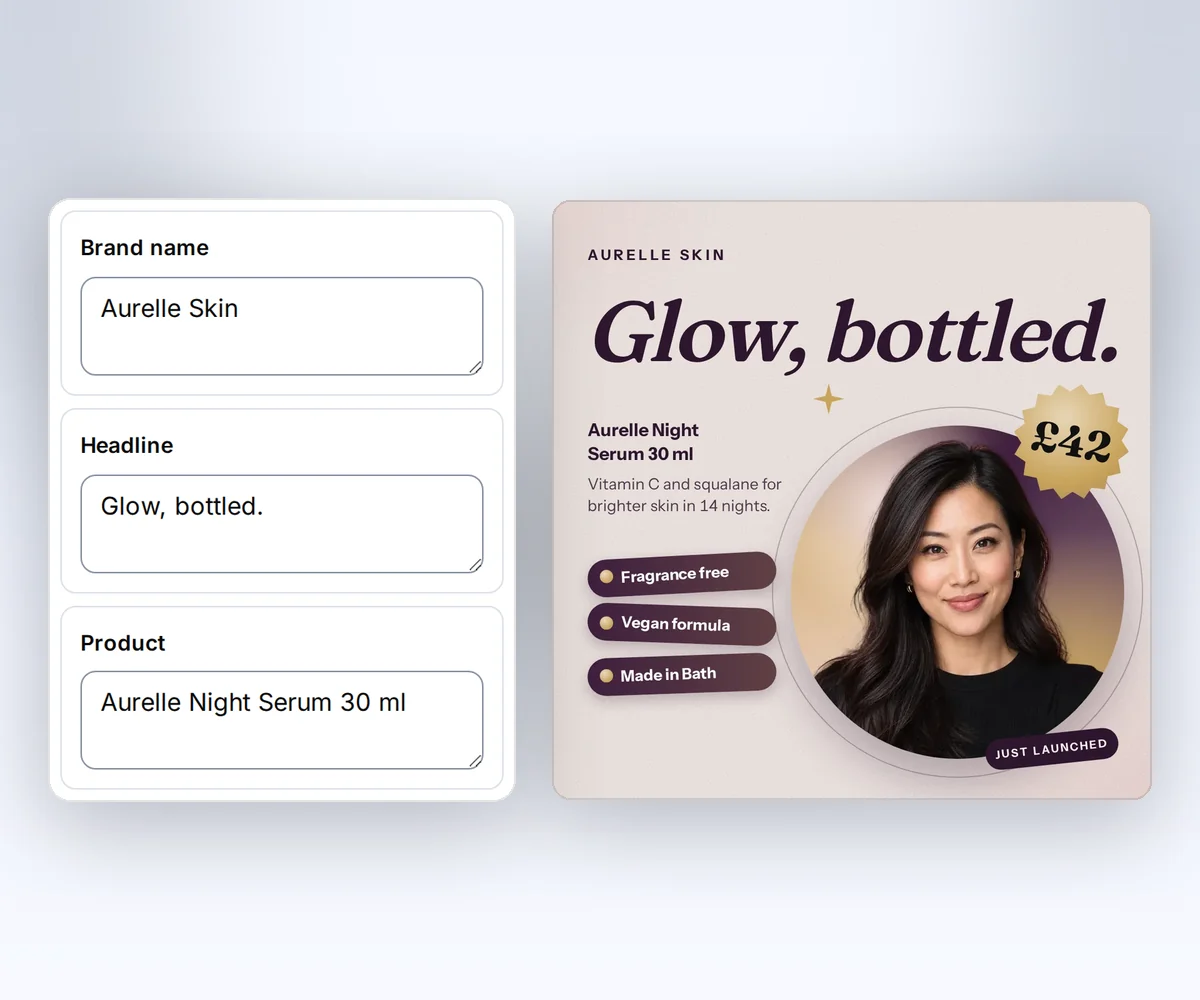 The thirds.ai editor with boxes for the brand name, the headline, and the product beside the finished Aurelle Skin serum launch post