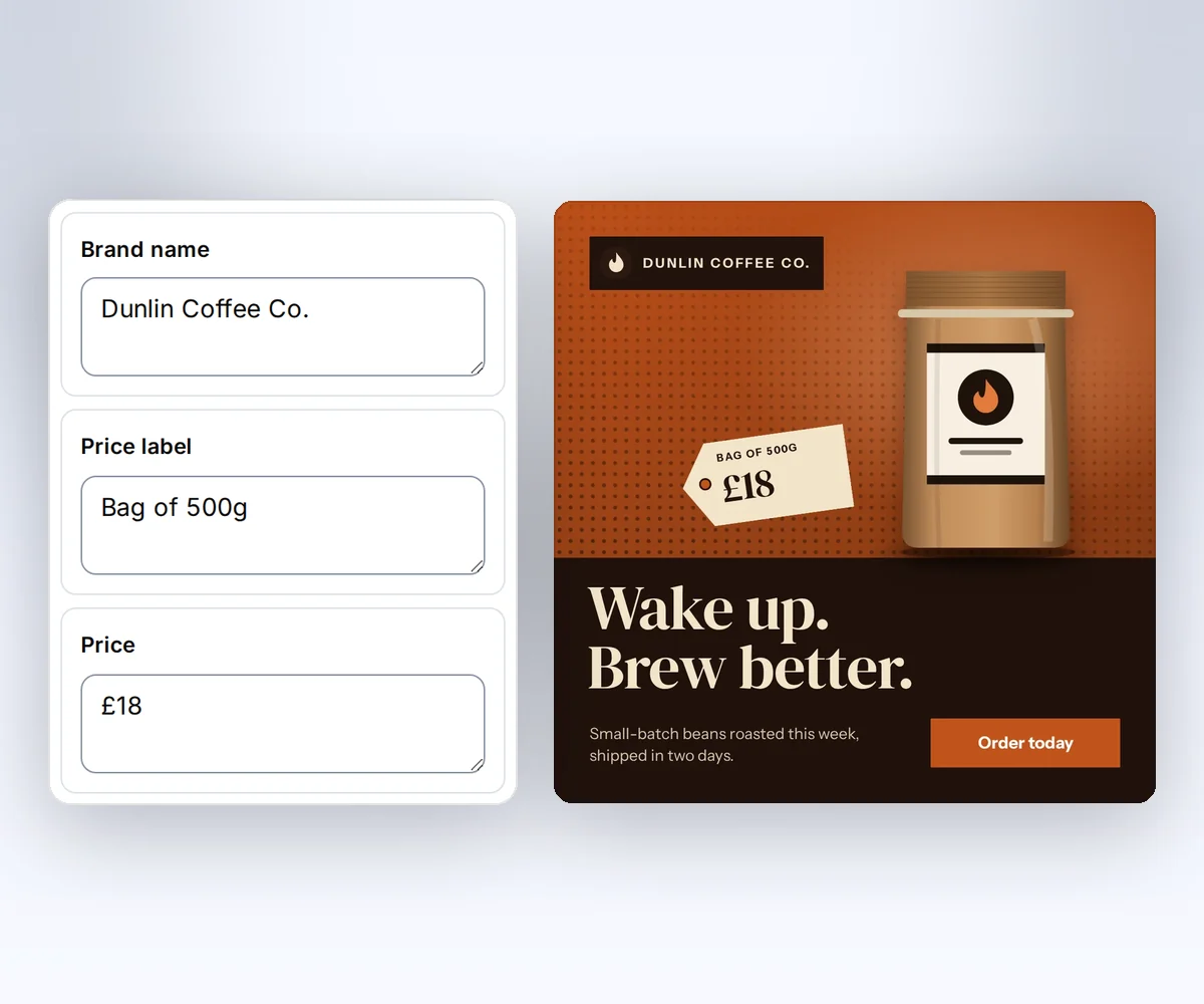 The thirds.ai editor with boxes for the brand, headline, price, and button label beside the finished Ember Coffee Co. product ad