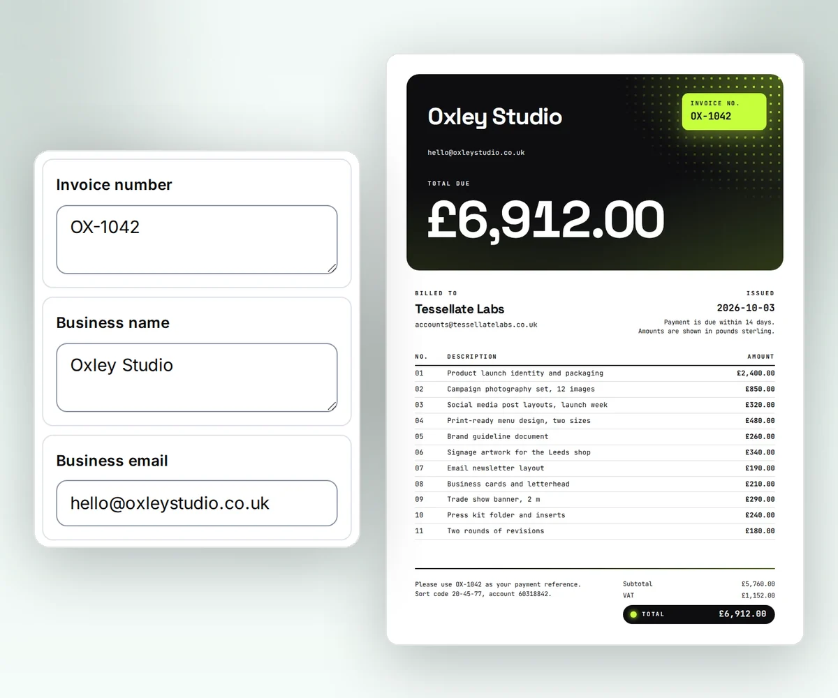 The thirds.ai editor's boxes for a business name, email, and invoice number beside the finished Northline Studio invoice PDF