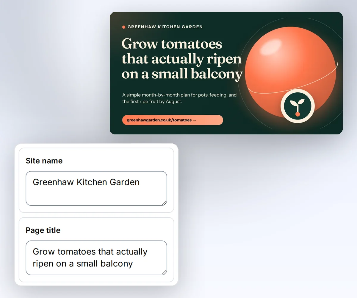 The thirds.ai editor with boxes for the site name and the page title beside the finished Greenhaw Kitchen Garden link card
