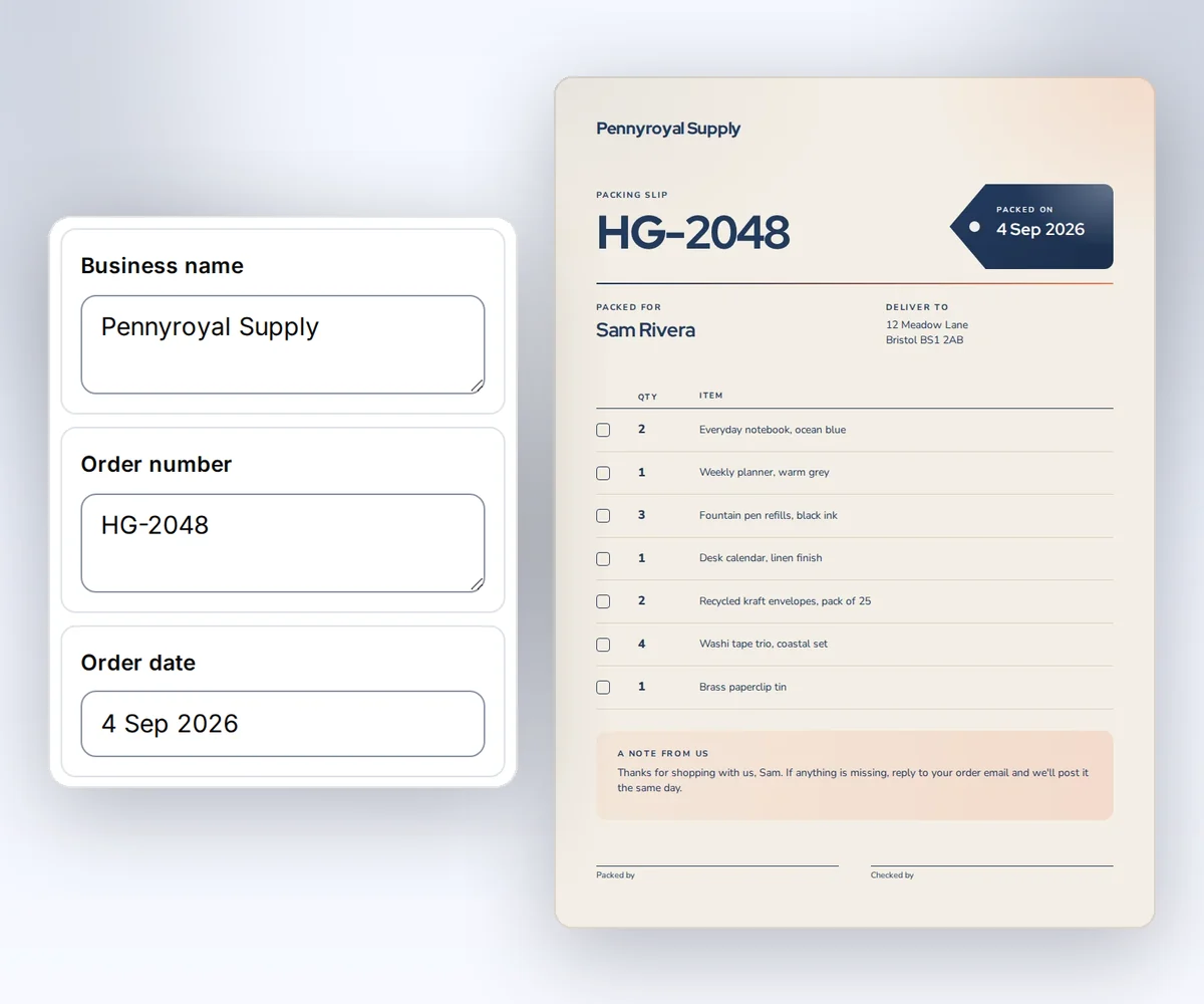 The thirds.ai editor with boxes for the business name, the order number, and the order date beside the finished Harbour Goods packing slip