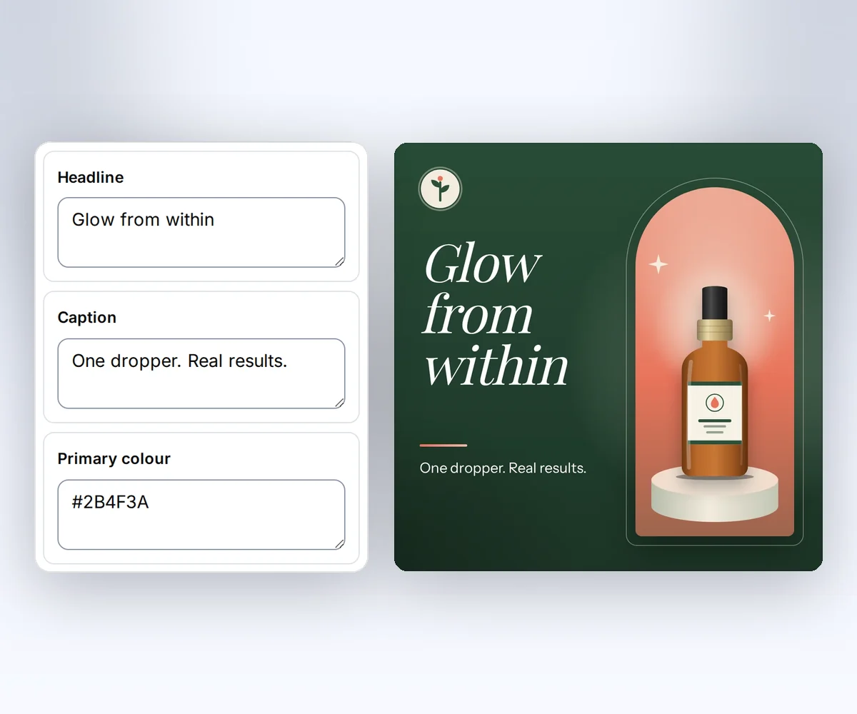 The thirds.ai editor with boxes for the headline, the product picture, and the caption beside the finished Product spotlight image