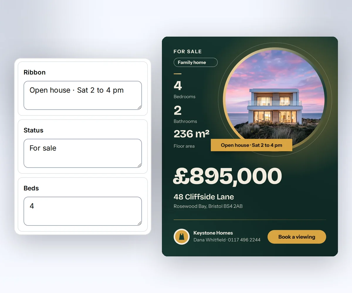 The thirds.ai editor with boxes for the open house ribbon, the For sale status, and the bedrooms beside the finished 48 Cliffside Lane listing ad