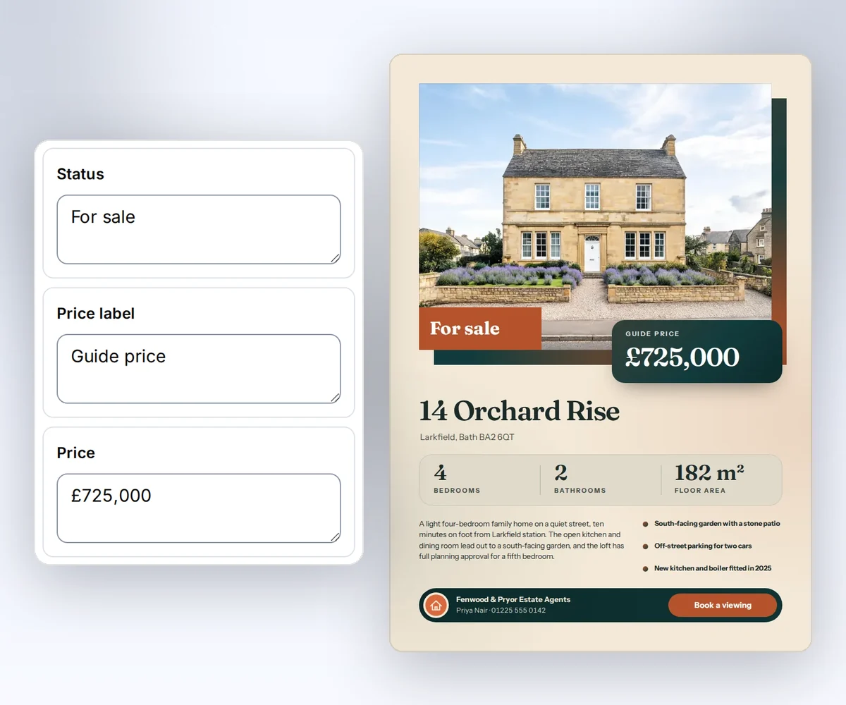 The thirds.ai editor's boxes for a price, an address, and bedrooms beside the finished 14 Orchard Rise real estate flyer PDF