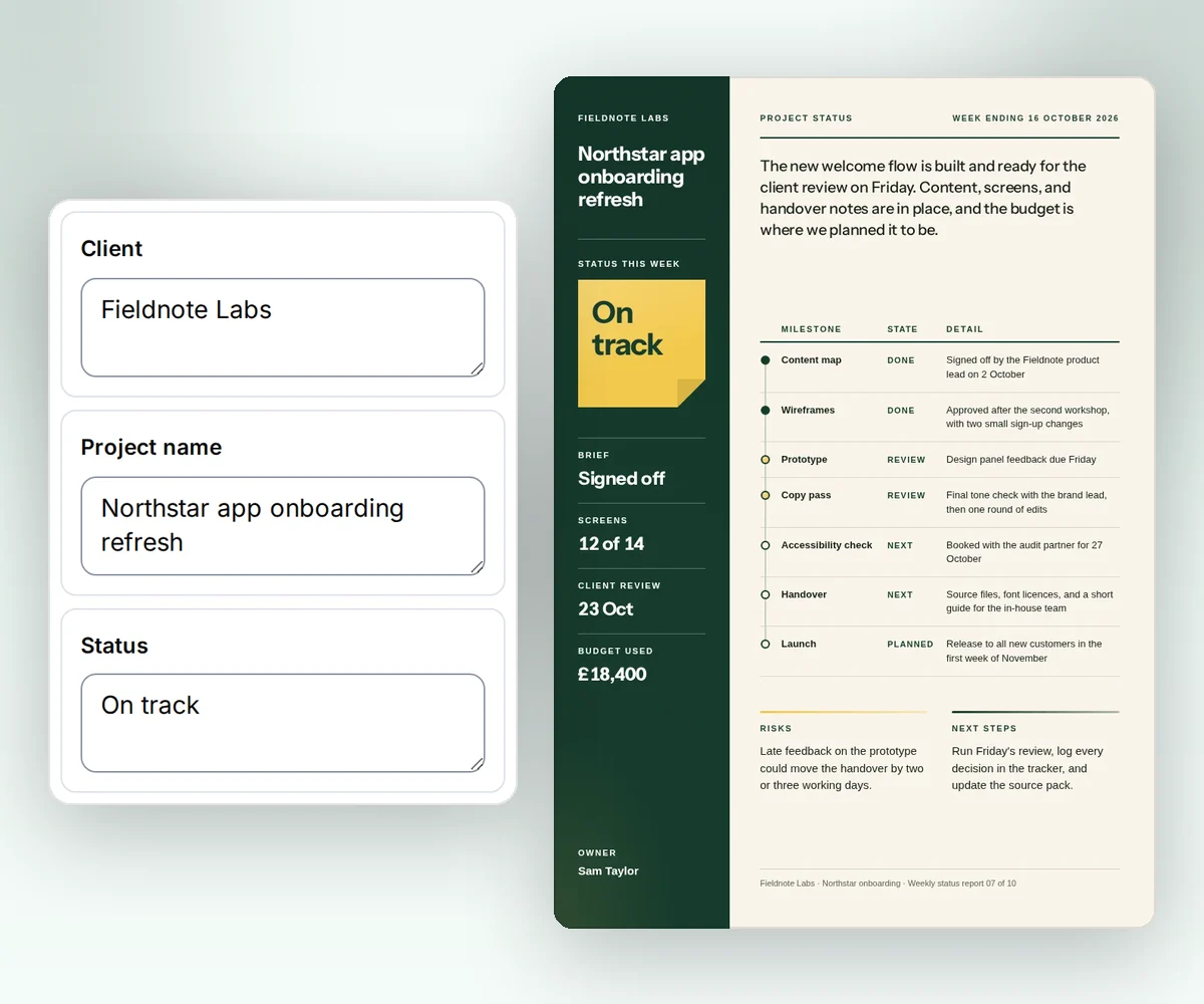The thirds.ai editor with boxes for the client, project name, and status beside a finished project status report PDF