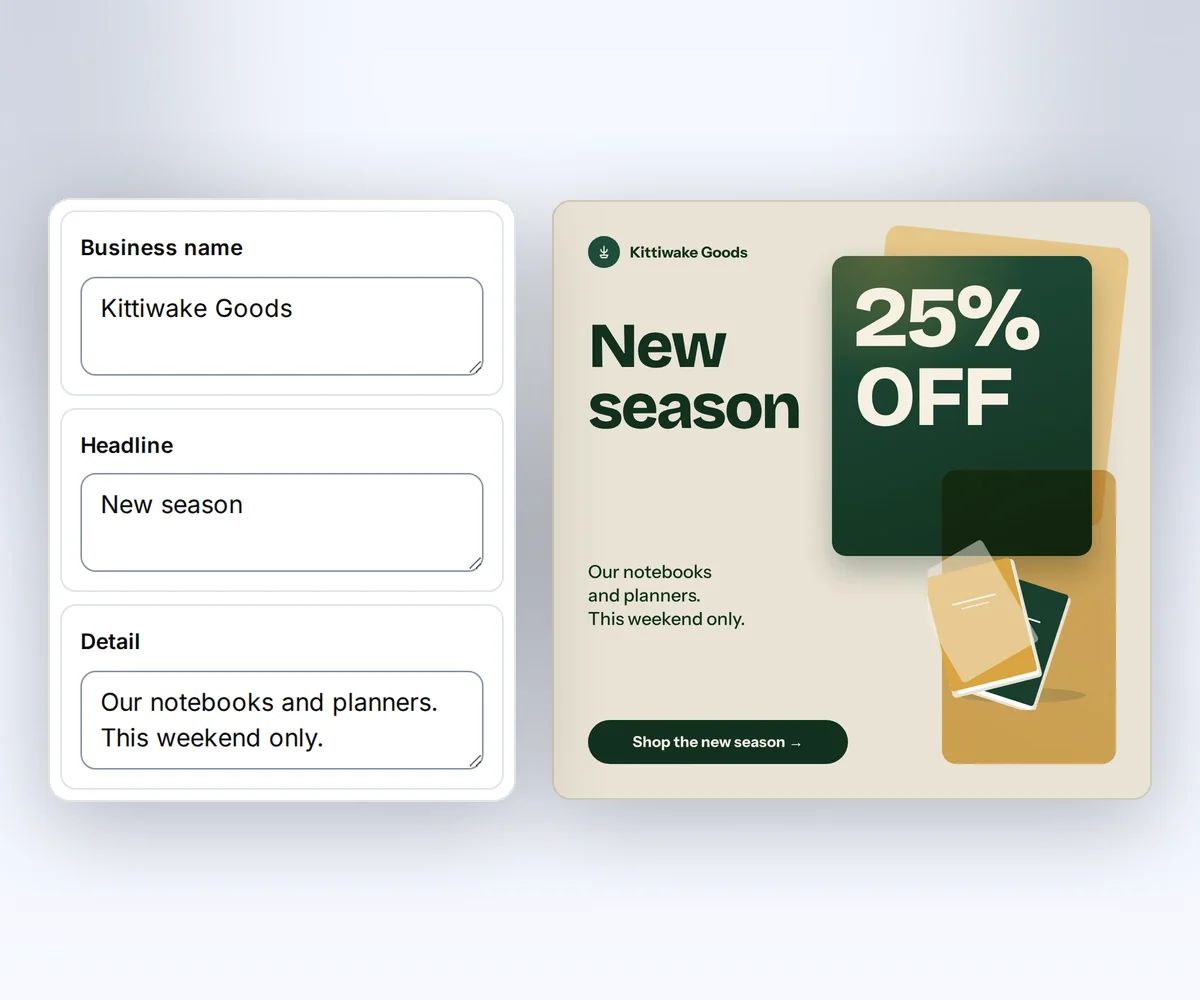The thirds.ai editor with boxes for the business name, the headline, and the offer beside the finished Harbour Goods ad with 25% off