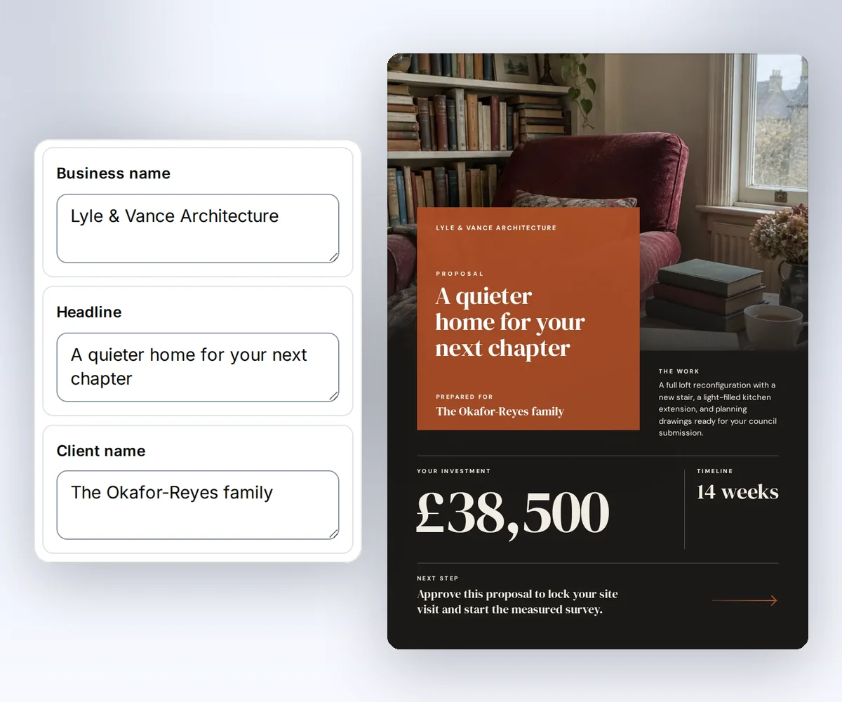 The thirds.ai editor with boxes for the business name, headline, and client beside the finished service proposal