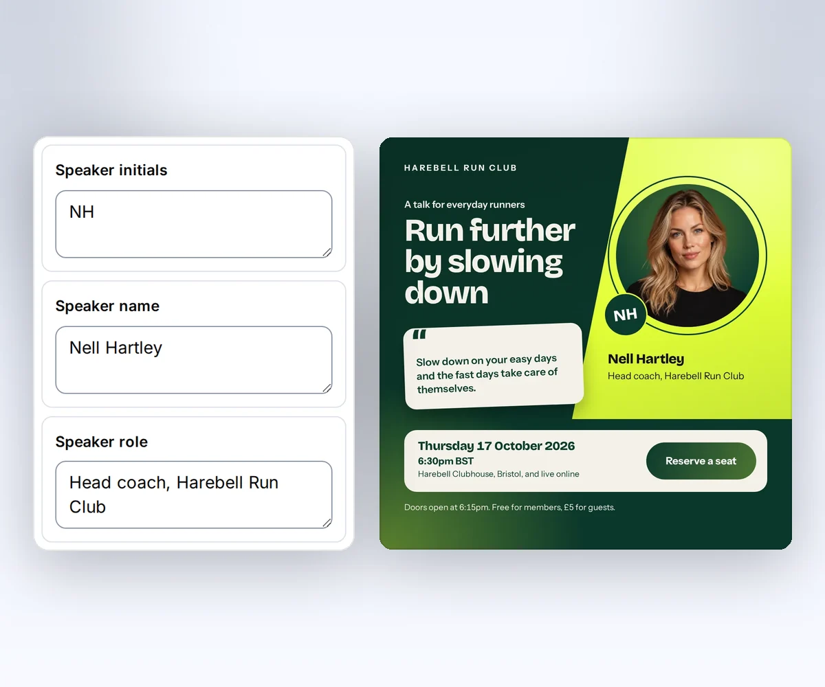 The thirds.ai editor with boxes for the speaker's initials, name, and role beside the finished Harebell Run Club speaker card for Nell Hartley