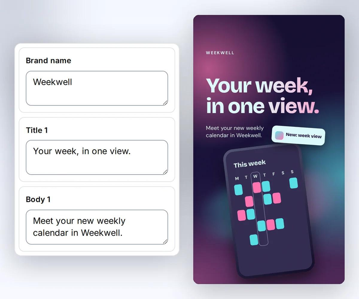 The thirds.ai editor with boxes for the app name, the heading, and the line below it, beside the first slide of the Weekwell app feature slideshow
