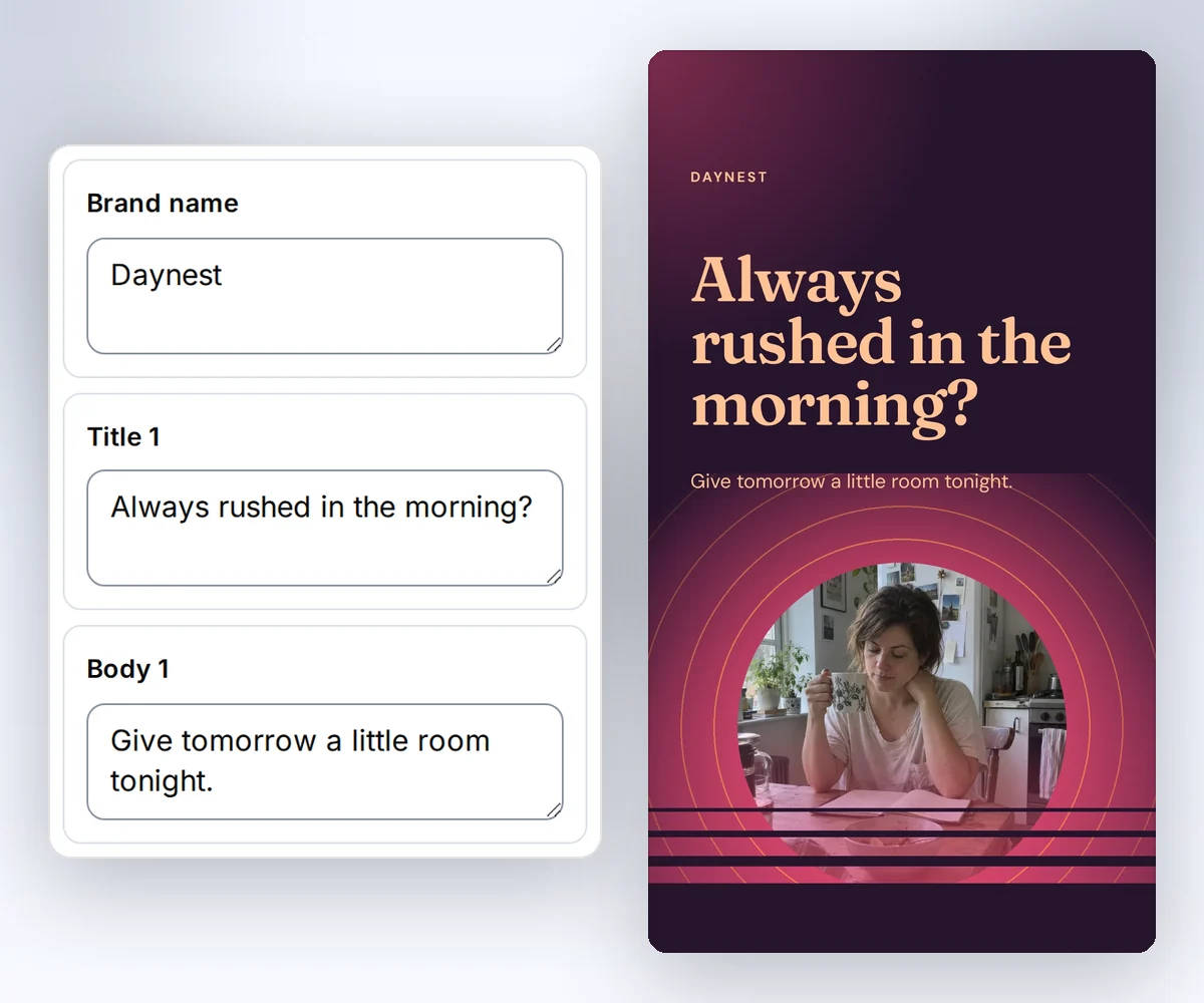 The thirds.ai editor with boxes for the brand name, the first heading, and the first line beside the finished Daynest morning routine slide