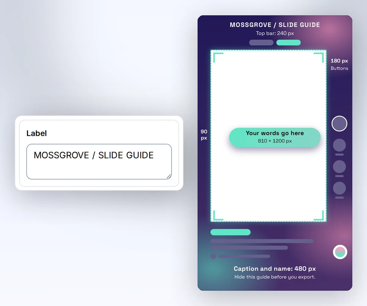 The TikTok safe zone guide open in the thirds.ai editor, with a box for the guide label beside the 1080 × 1920 slide and its green outline