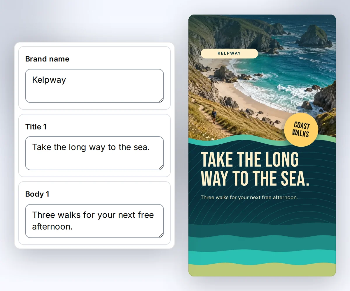 The thirds.ai editor's boxes for a brand, a slide title, and slide text beside the finished Tidepath coast slide