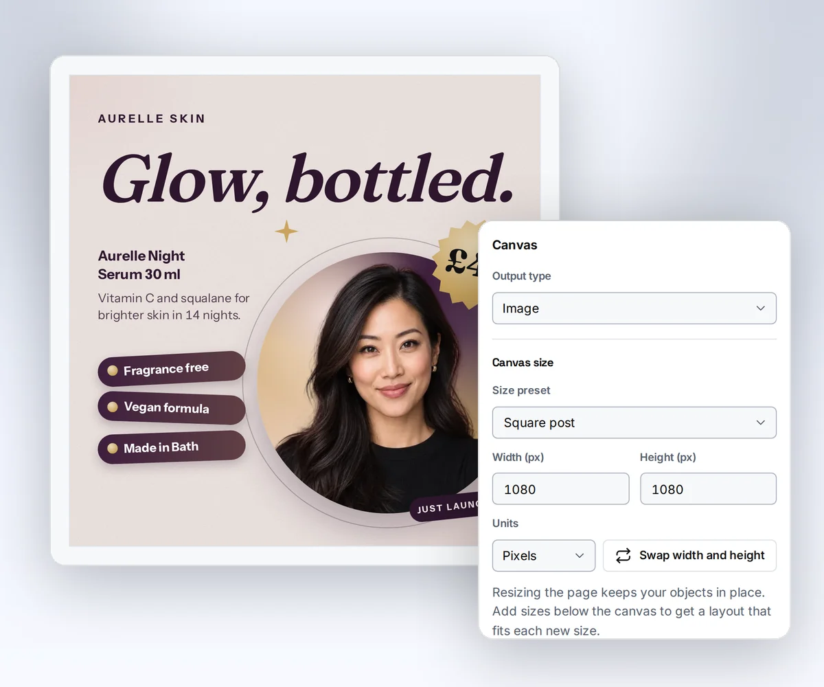 The template editor with a skincare launch post on the canvas and the canvas size panel beside it