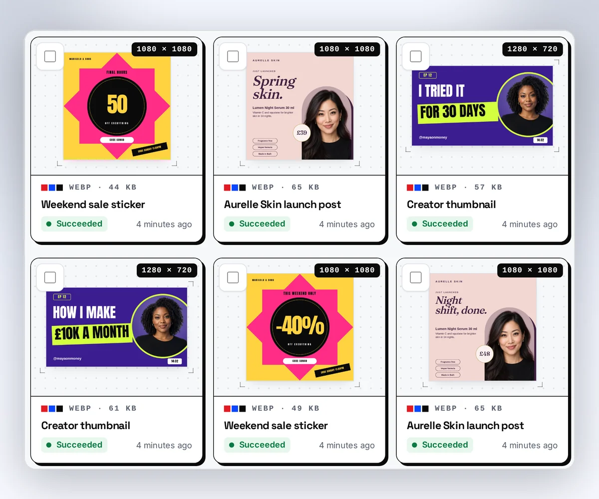 The finished files list with six images from three designs: sale stickers, launch posts, and video thumbnails