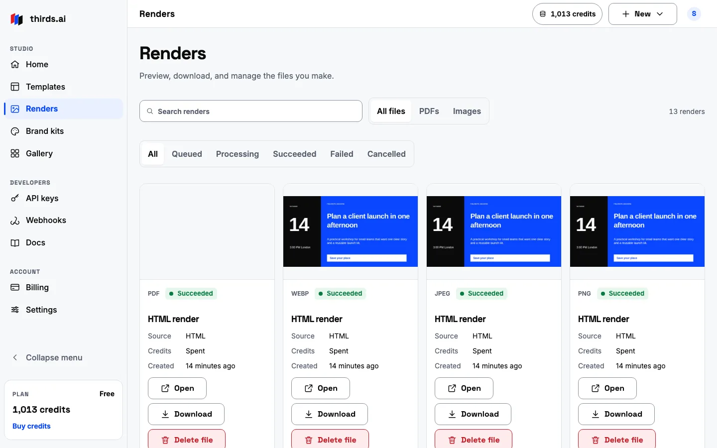 The Renders page with a list of finished PDF and image jobs, each with its status and a download action